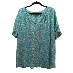 West Kei XXL Green White Floral Top Blouse short sleeve v neck